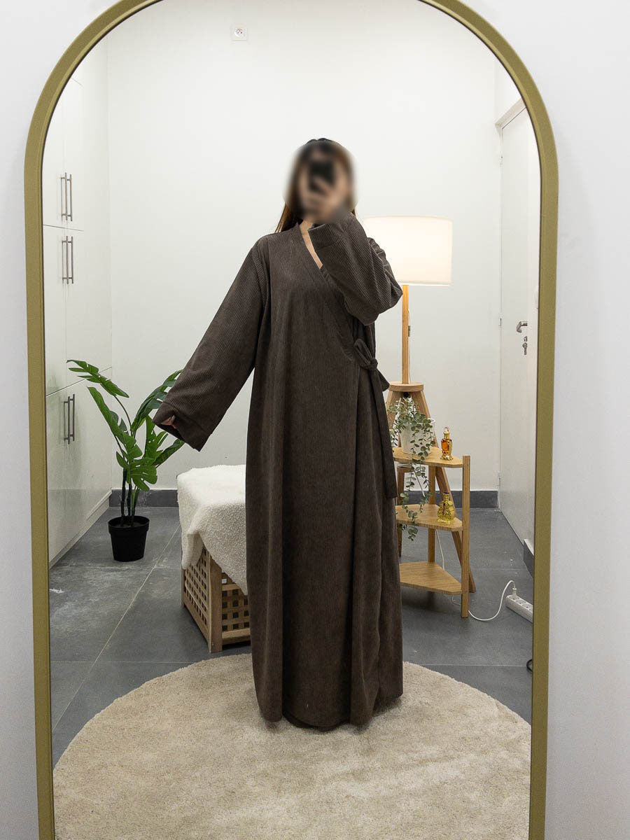 Corduroy abaya dress with bow and wide sleeves