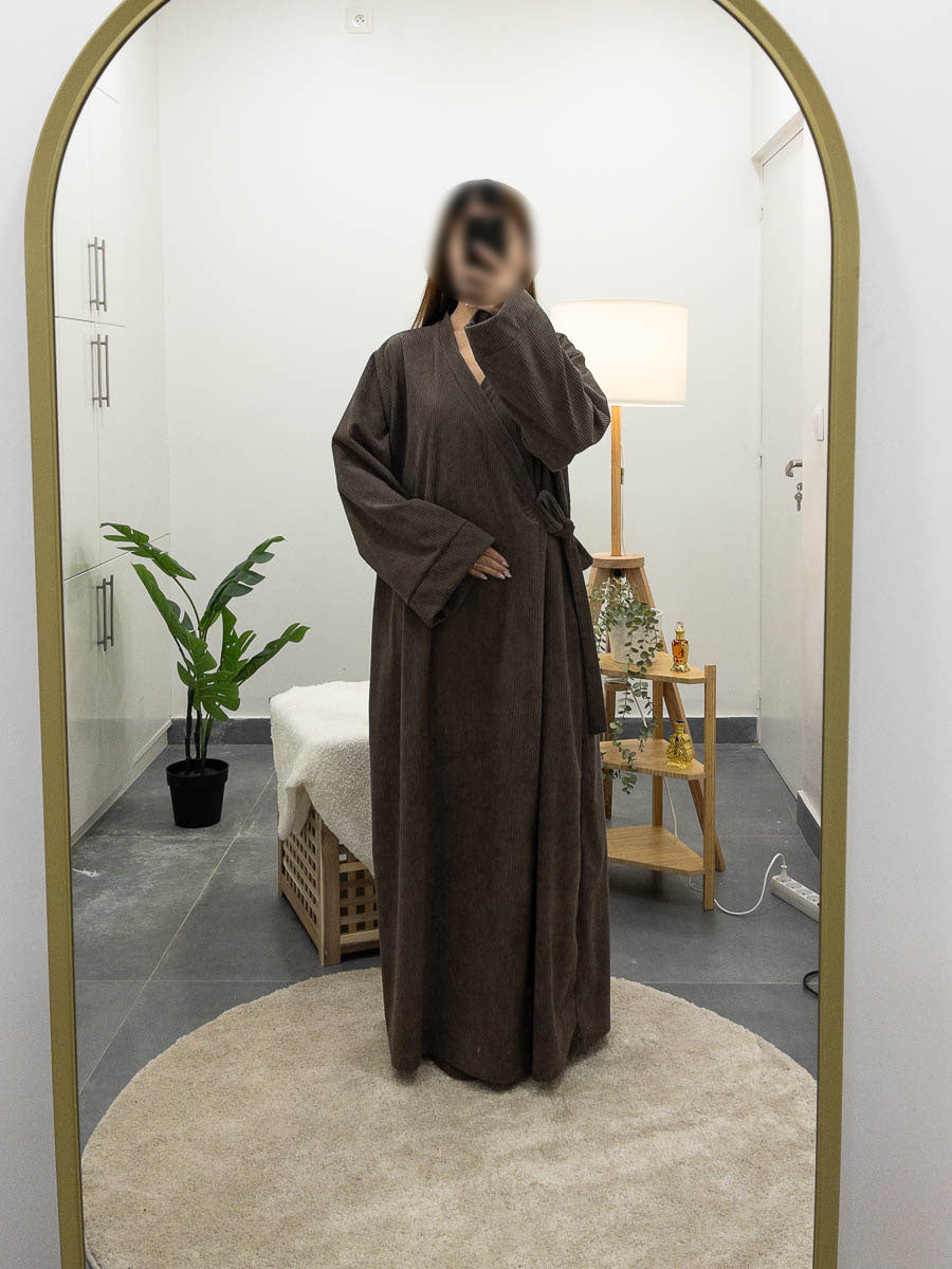 Corduroy abaya dress with bow and wide sleeves
