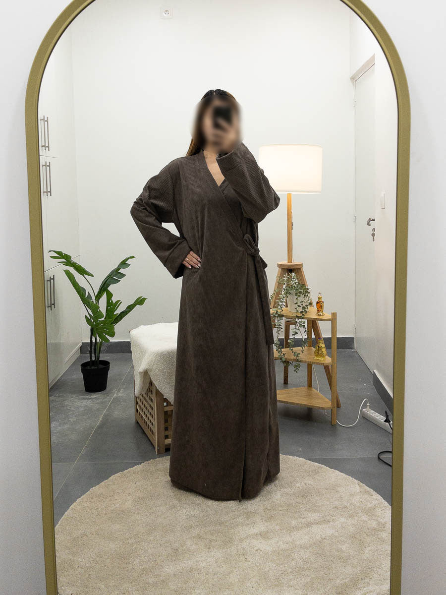 Corduroy abaya dress with bow and wide sleeves