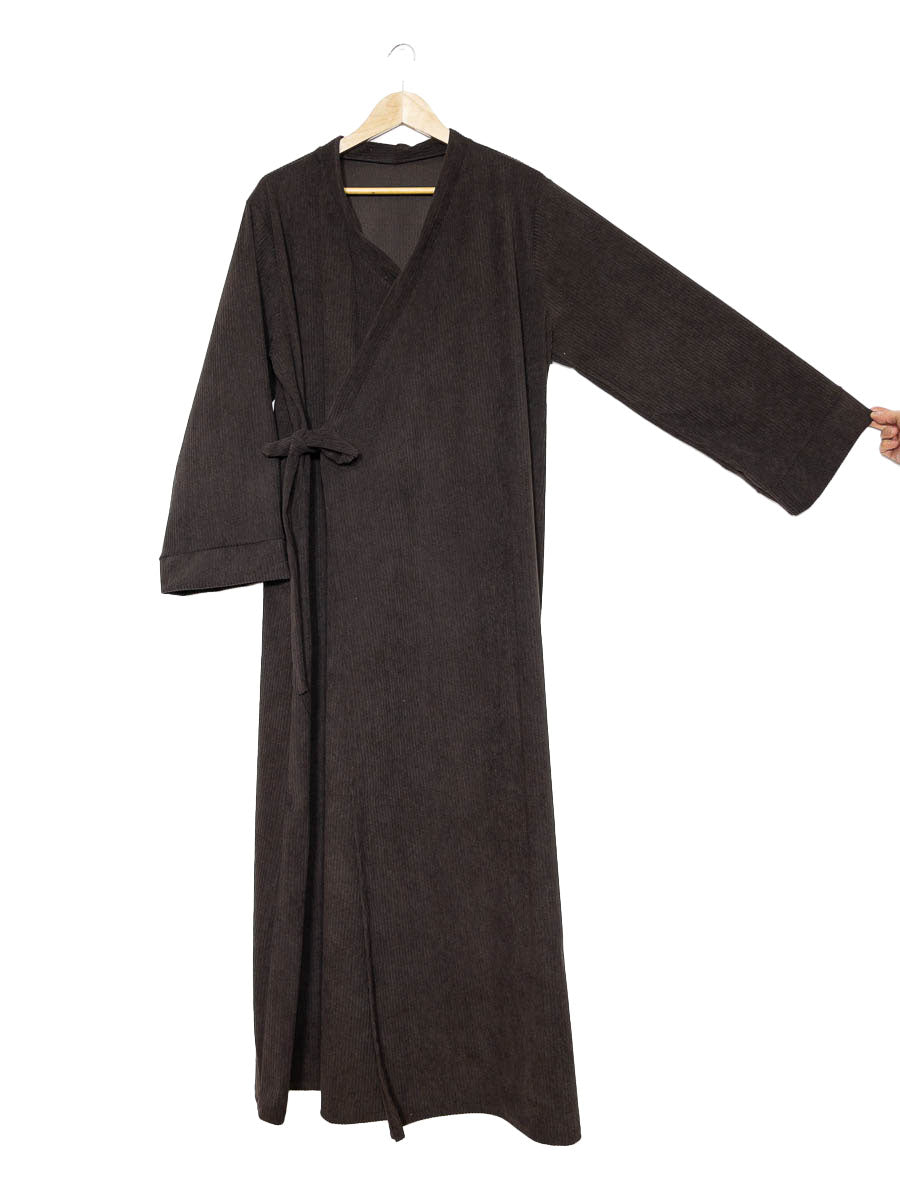 Corduroy abaya dress with bow and wide sleeves